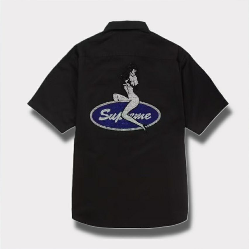 Supreme シュプリーム 2025SS Rhinestone Pin Up S/S Work Shirt ラインストーンピンナップショートスリーブワークシャツ　ブラック 黒