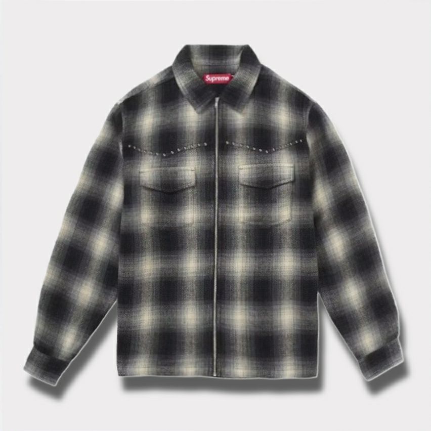 Supreme シュプリーム 2025AW Studded Shadow Plaid Zip Up Shirt スタッズ シャドウプレイド ジップアップシャツ ブラック