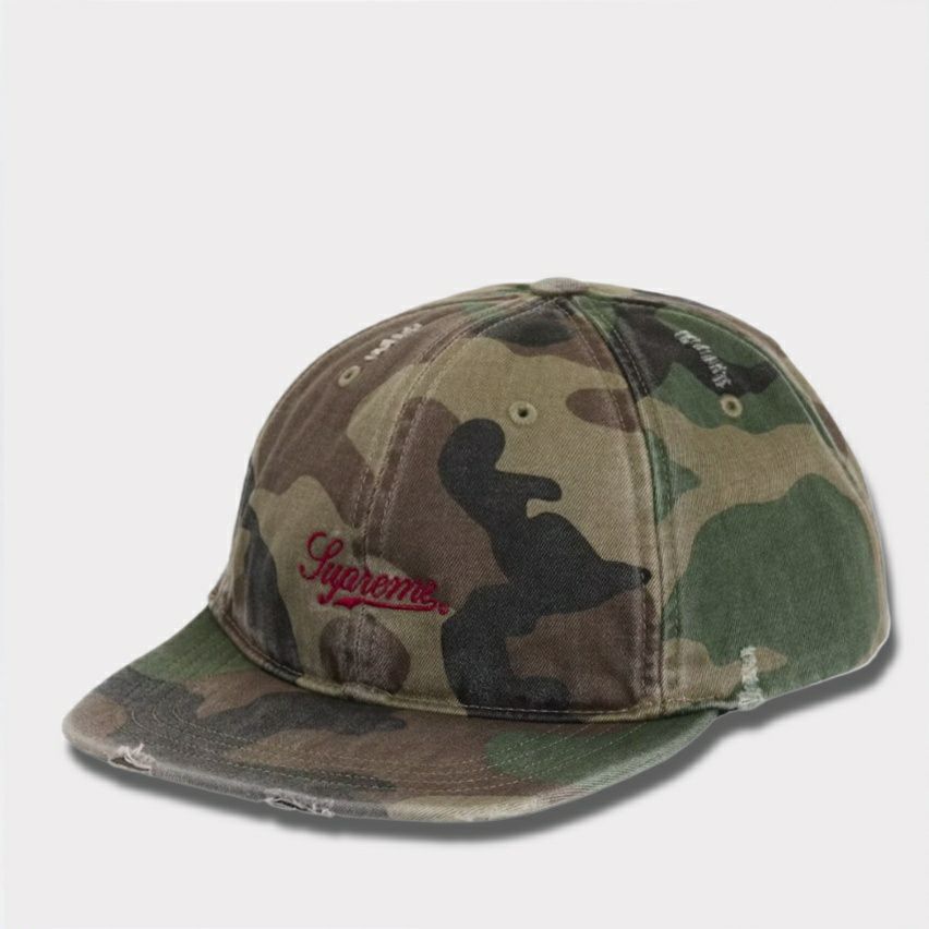 Supreme シュプリーム 2025AW Distressed Script 6-Panel　ディストレスト スクリプト 6パネルキャップ ウッドランドカモ
