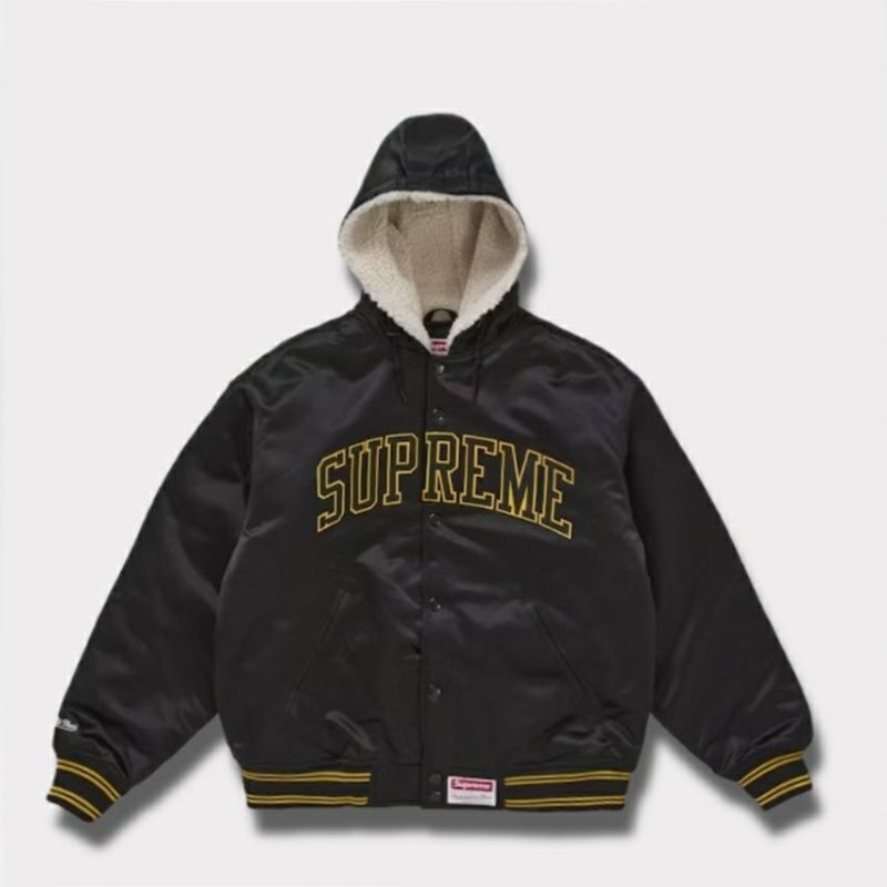 Supreme シュプリーム 2025AW Mitchell & Ness Lined Hooded Satin Varsity Jacket ミッチェルアンドネス ラインド フーデッド サテン バーシティジャケット ブラック