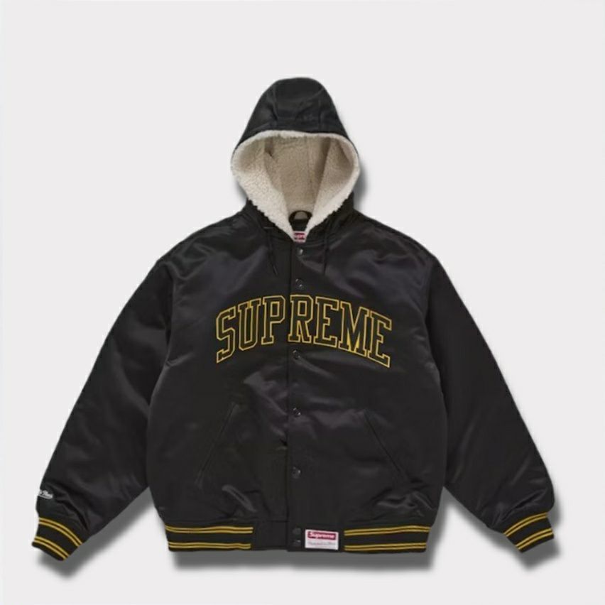 Supreme シュプリーム 2025AW Mitchell & Ness Lined Hooded Satin Varsity Jacket ミッチェルアンドネス ラインド フーデッド サテン バーシティジャケット ブラック