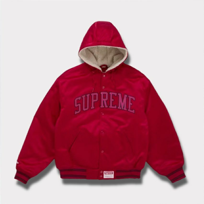 Supreme シュプリーム 2025AW Mitchell & Ness Lined Hooded Satin Varsity Jacket ミッチェルアンドネス ラインド フーデッド サテン バーシティジャケット レッド